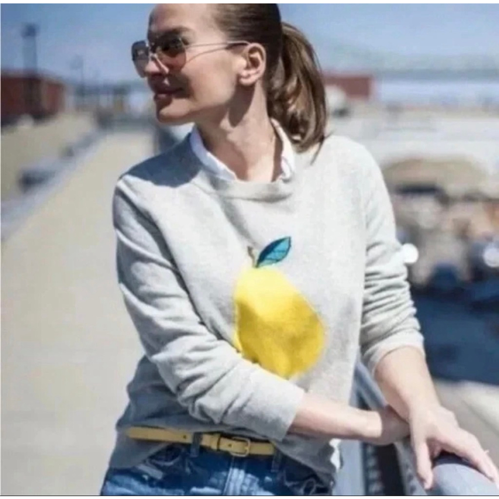 Women's J.CREW Gray Crew Neck Sweater with Yellow Pear Graphic XS